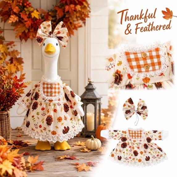 Fall Harvest Porch Goose Outfit,Thanksgiving Fall Decor Dress With Bow Headband,Porch Goose Fall Outfit Fits 23 Inch Porch Goose Statue Yard Decor