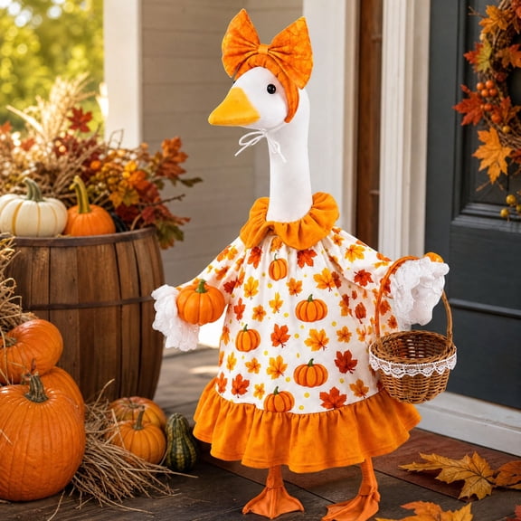 Fall Harvest Porch Goose Outfits 23 Inch, Maple Pumpkin Print Costume with Bow Headpiece for Goose Figurine, Harvest Holiday Decor for Garden and Porch
