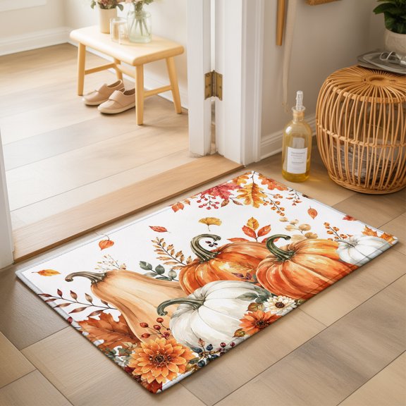 Fall Harvest Pumpkin 2'x3' Small Rugs for Entryway Front Door Kitchen Sink Area, Orange Pumpkins Maple Leaf Thanksgiving Soft Sturdy Mats Washable Non Slip Rectangle Area Rug