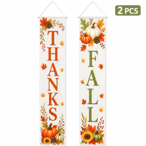 Kabuer Fall Porch Banners, 2 Pack Pumpkin Hanging Signs, 72 x 12 in, Thanksgiving Front Door Decor(Style 1)