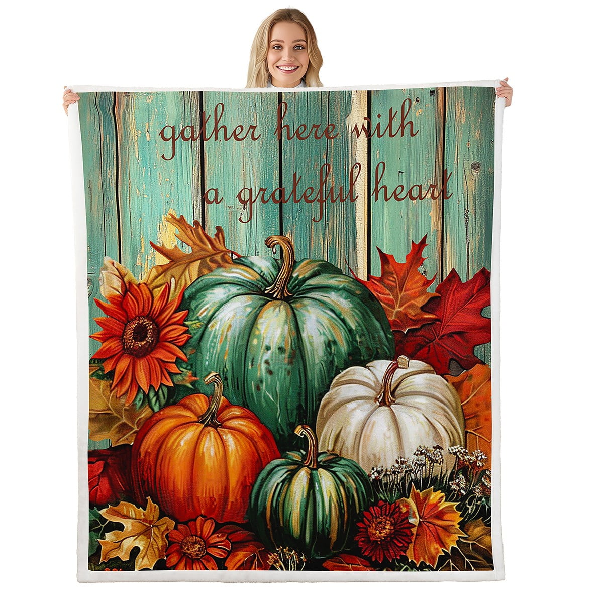 Fall Harvest Pumpkin Throw Blanket Queen Size,Autumn Maple Leaves