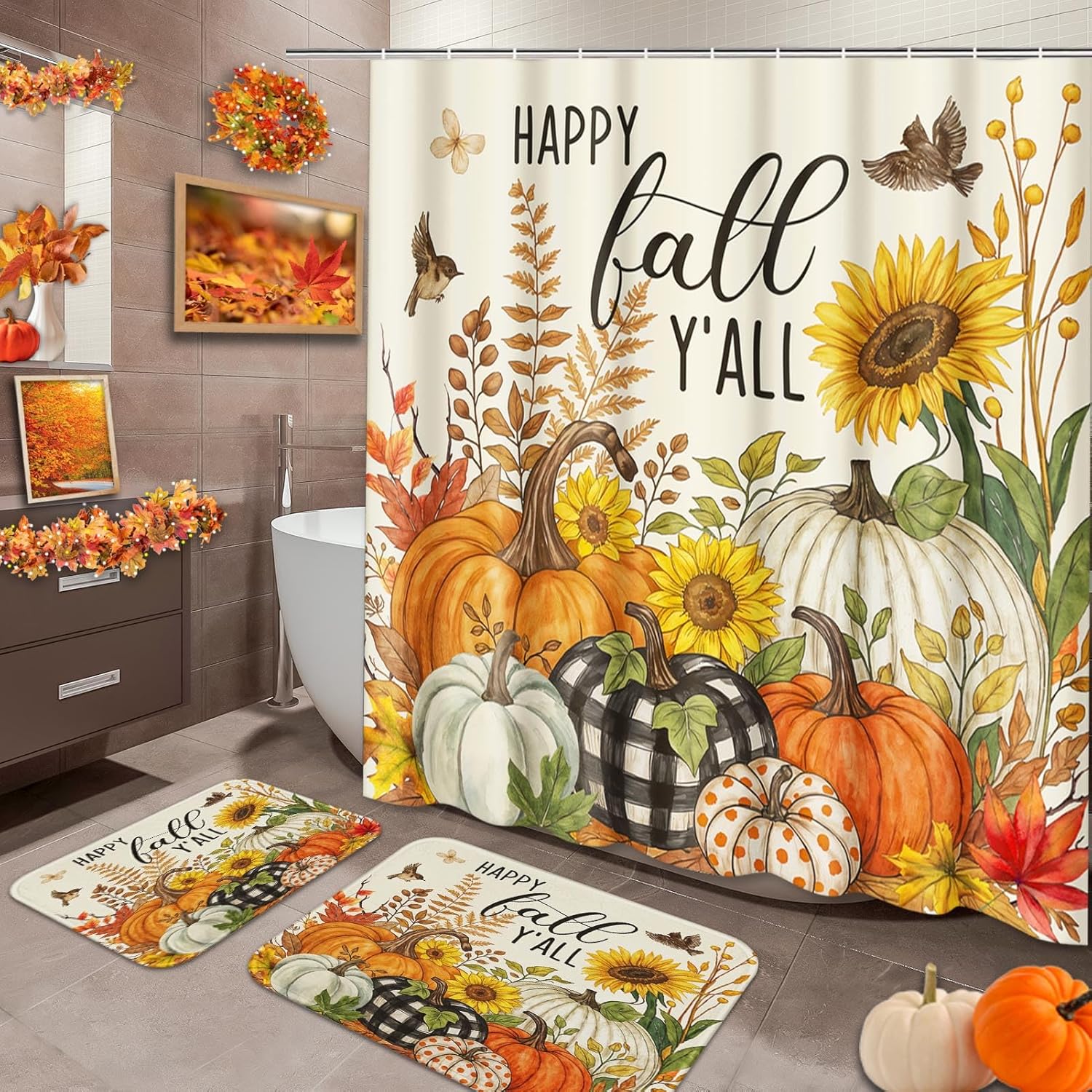 Pumpkin Shower Curtain - Boho Floral Fall Design, Farmhouse Bathroom Decor, 72x72 Inches, Polyester