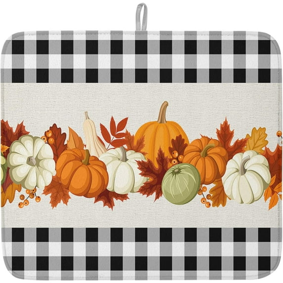 Fall Harvest Pumpkins Dish Drying Mats for Kitchen Counter,Buffalo Check Black White Microfiber Absorbent Dish Drainer/Rack Mat,Reversible Hangding Quick Drying kitchen Drying Mat,18x24inch