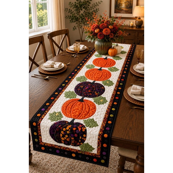 Fall Harvest Quilt Table Runner, Pumpkin Patch Autumn Table Accent, Farmhouse Kitchen Decor