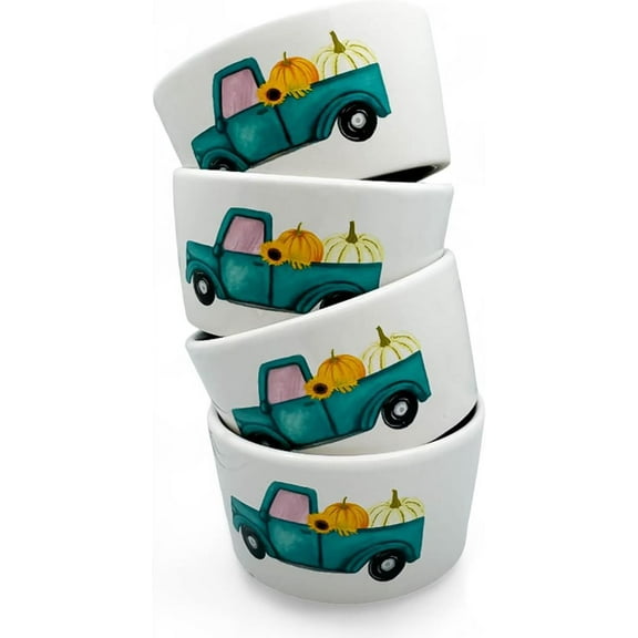 Fall Harvest Ramekins Set of 4, 5.25 oz Ceramic Baking Bowls for Creme Brulee Dishes, Mini Cheesecakes, Dipping Sauce Bowls (Harvest Truck)