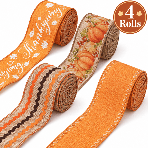 Fall Harvest Ribbon Set, 4 Rolls 2.5 Inch x 6 Yards Wired Pumpkin Linen Ribbon for Thanksgiving Wreaths Crafts and Decorations