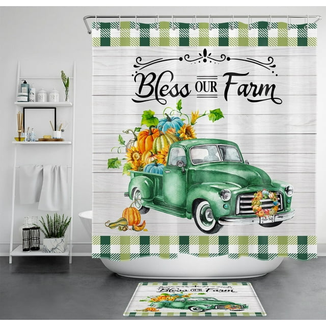 Fall Harvest Rustic Green Truck Shower Curtain & Accessories Set