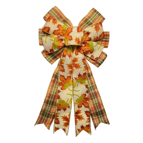 Fall Harvest Season Thanksgiving Bow Wreath Accessory Vintage Plaid Pumpkin Maple Leaf Ribbon Bow Indoor Fall Home Decoration