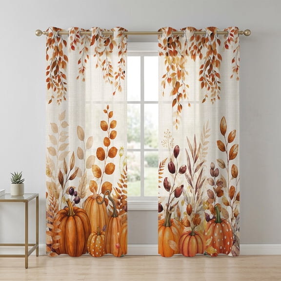 Fall Harvest Sheer Curtains 63 Inch Long 2 Panels, Thanksgiving Vintage Farm Orange Pumpkin Maple Leaf Light Filtering Semi Sheer Drapes Grommet Voile Window Curtain for Living Bedroom W52 x L63