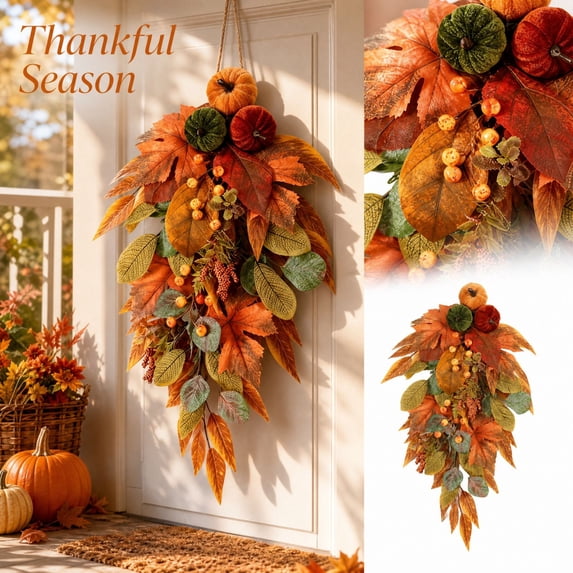Fall Harvest Swag for Front Door, Artificial Fall Swag Fall Wreath Artificial Fall Harvest Teardrop Swag Decorative Swags for Thanksgiving Harvest Autumn Fall Decor