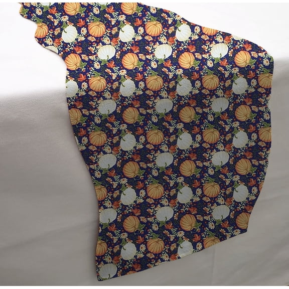 Fall Harvest Table Runner by Penny's Needful Things (3 Feet Long - SCALLOPED) (Pumpkins on Purple)