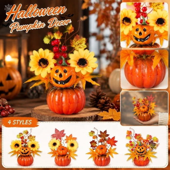 Fall Harvest Tabletop Arrangement, Halloween Pumpkin Decor, Fall Leaves Decor, Artificial Fall Flowers, 8X7 Inch Pre-Assembled 2-Tier Fake Pumpkin Maple Leaf Sunflower Centerpiece
