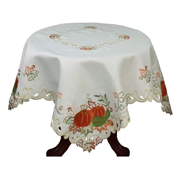 Fall Harvest Thanksgiving Tablecloth, Embroidered Pumpkin Patch Maple Leaf Holiday Decoration, 52 Square Topper