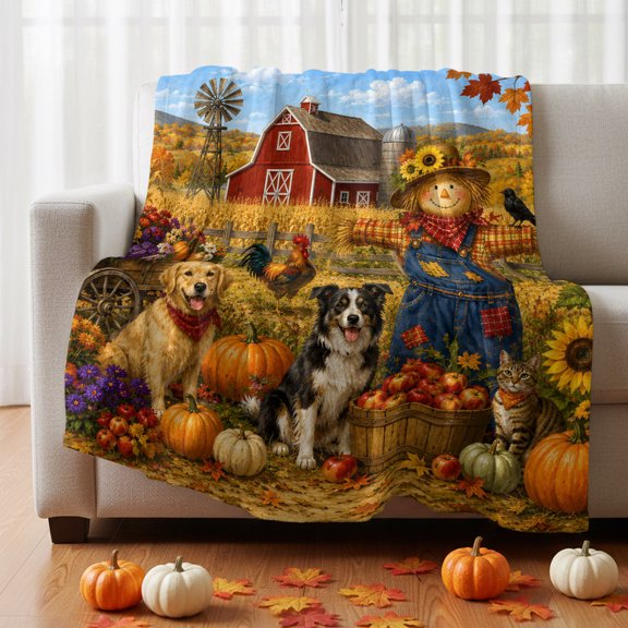 Fall Harvest Throw Blanket for Bed Couch Sofa, Farm Scarecrows Pumpkins Red Barn Cat Dog Maple Leaf Soft Cozy Flannel Fuzzy Throw Blanket for Bedroom Office Travel Gift 30x40in