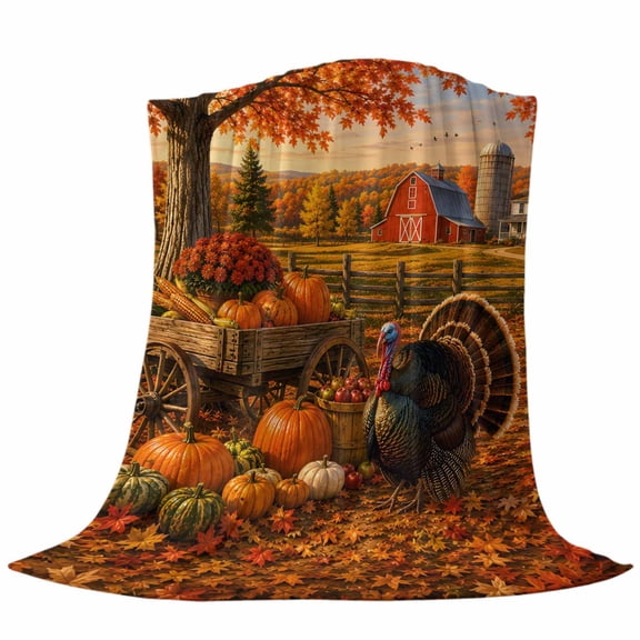 Fall Harvest Throw Flannel Blanket Farmhouse Turkey Wooden Cart Pumpkin Red Barn Countryside Super Soft Cozy Bed Blanket, Lightweight Plush Fuzzy Bed Throw for Bedroom Sofa Couch Living Room 30x40in