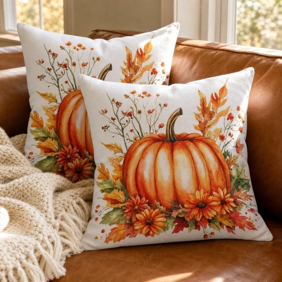 Fall Harvest Throw Pillow Covers 18x18 Inch Set of 2, Printed Pumpkin Decorative Square Pillowcases, Farmhouse Holiday Cushion Covers for Sofa Living Room Home Fall Halloween Thanksgiving Decor
