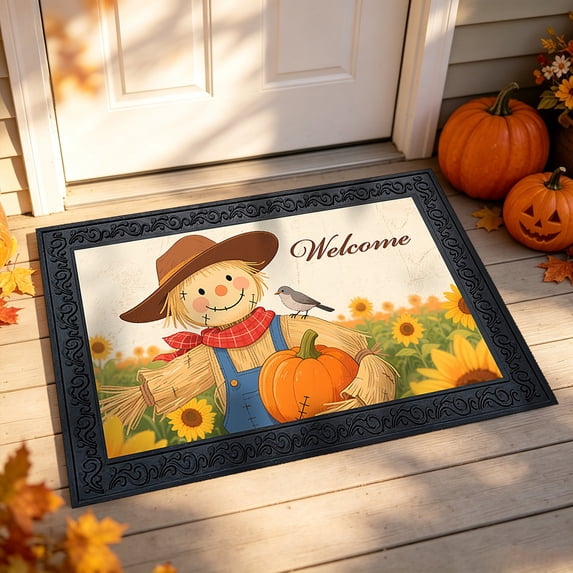 Fall Harvest Welcome Doormat,Scarecrow Bird Sunflower Pumpkin Pattern Rubber Non‑Slip Entry Rug for Outdoor Thanksgiving Porch Decor