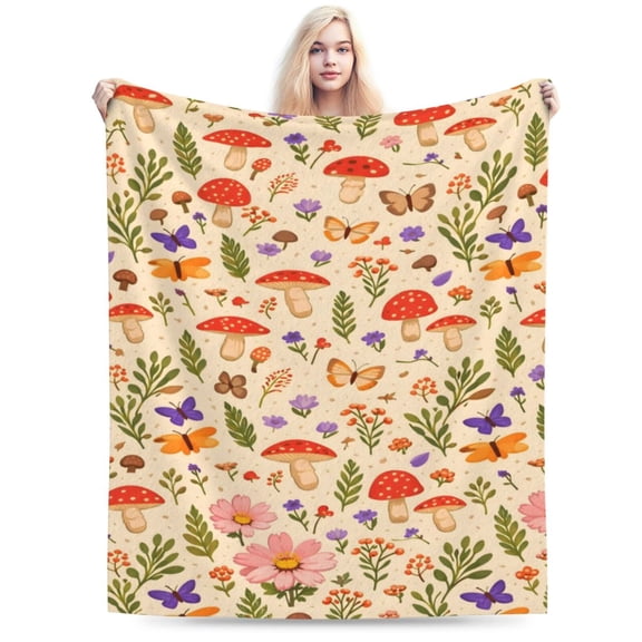 Fall Harvest Wildflower Mushroom Blanket Cottagecore Botanical Throw Soft Flannel Fleece Cozy Rustic Home Decor Gift for Adults 50x40