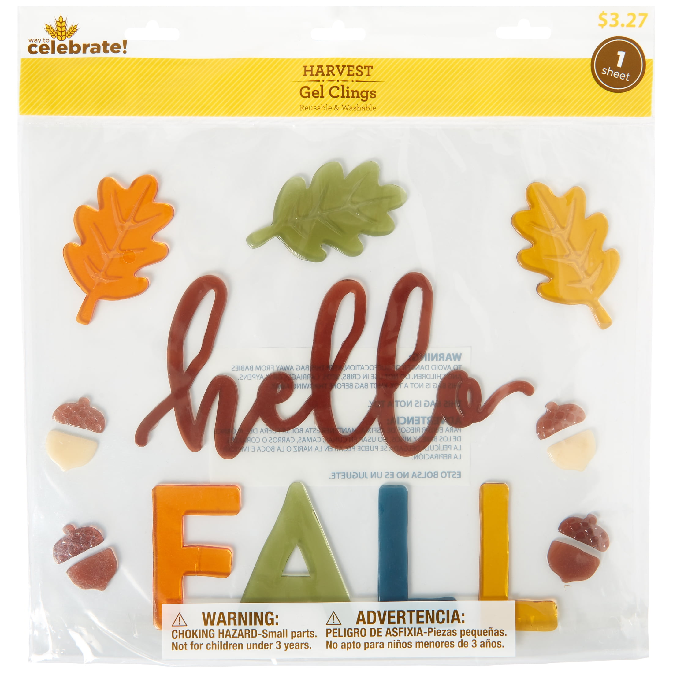 Fall, Harvest Window Gel Cling, Hello Fall, Adult, 11.5 inch x 12 inch, Way to Celebrate
