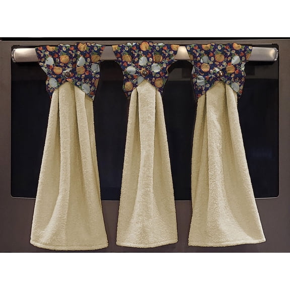 Fall Harvest Wraparound Snap Hanging Towels (Set of 2) by Penny's Needful Things (Pumpkins on Purple) (Terrycloth Color: Yellow)