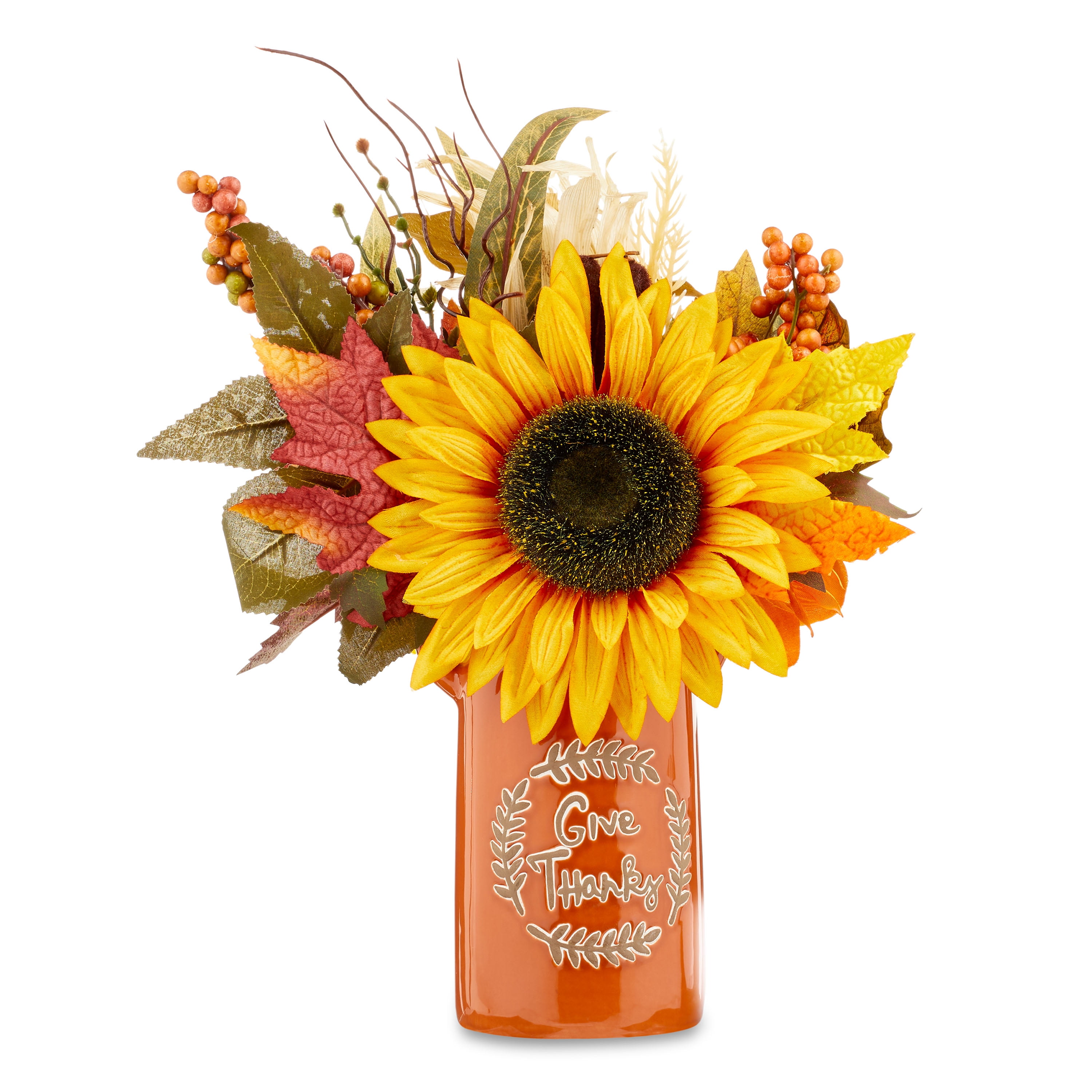 Fall, Harvest Yellow Sunflower Arrangement Decoration in Orange Ceramic Pot, 16 in, by Way To