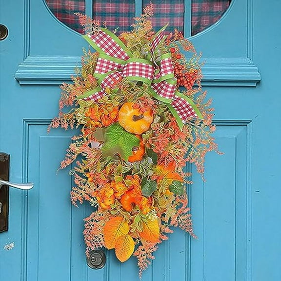 Fall Harvest for Front Door,Fall Wreath,Artificial Fall Harvest Teardrop,Thanksgiving Decorative Swags,Autumn Fall Decor