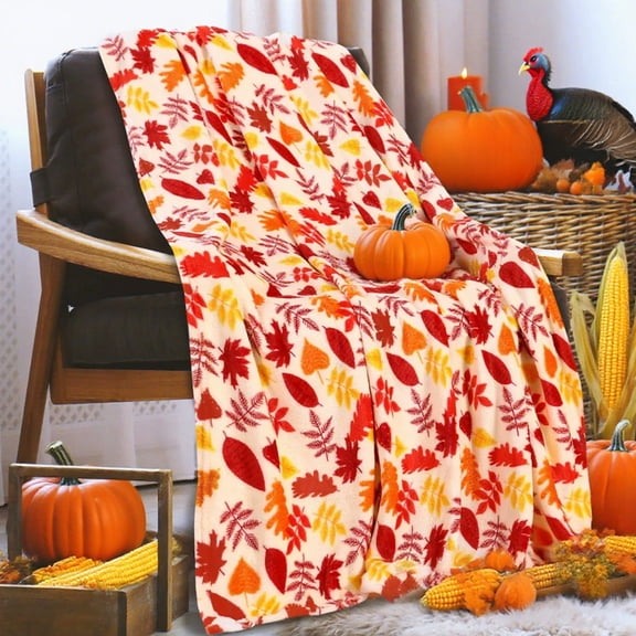 Fall Harvesting Pumpkin Blanket Orange Yellow Cream Autumned Color Print Thanksgiving Throw Blanket Lightweight Warm Soft Blanket