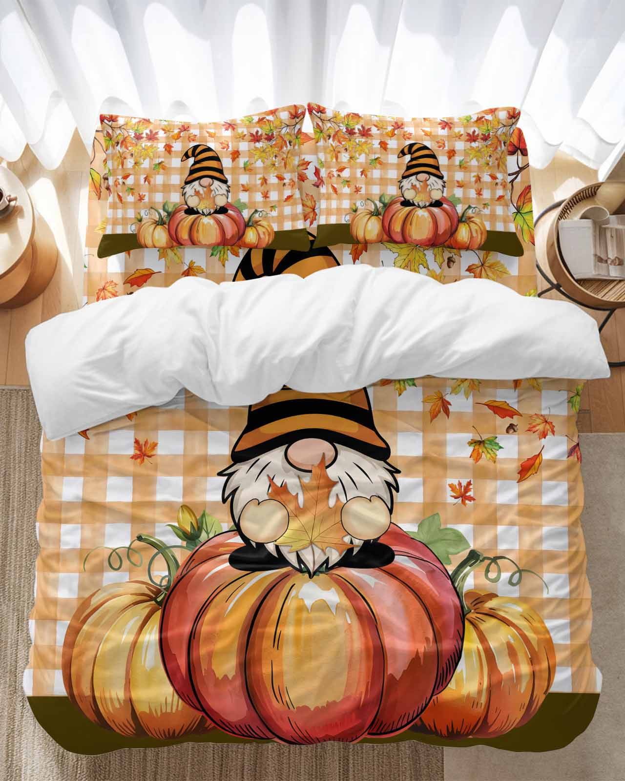 Fall Hat Bedding Duvet Cover Set Full Size 4 Pieces Gnome on Pumpkin ...