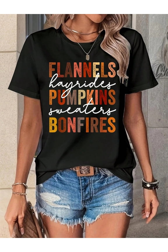Fall Hayrides Pumpkins Bonfires Graphic for Women Casual Short Sleeve T-Shirt