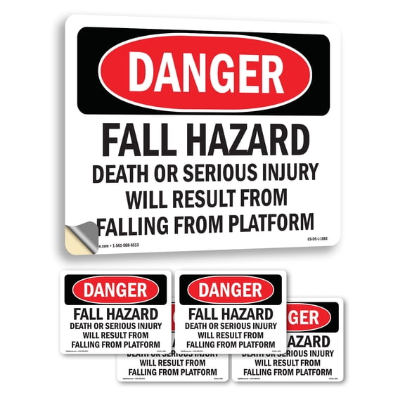 Fall Hazard Falling From Platform OSHA Danger Vinyl Decal Label 5 Inch x 3.5 Inch - 5 Pack