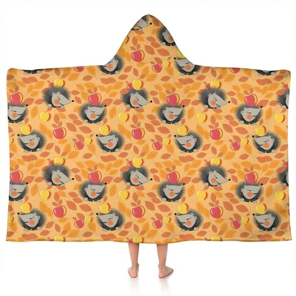 Fall Hedgehog Apple Leaf Pattern Hooded Bath Towel,50"x30" for Ages 3 To 12 Kids, Quick Dry Lightweight Soft Microfiber Hood Beach Towel Cover Up for Kids
