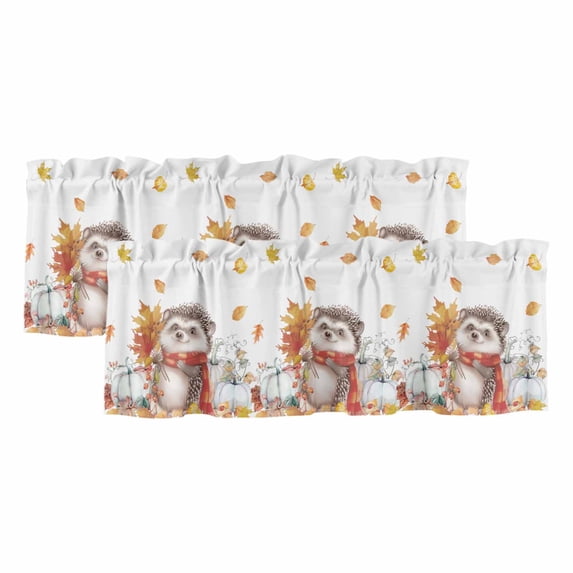 Fall Hedgehog Curtain Valances for Windows, Kitchen Valance Window Treatments Panel 2 Pack, Maple Leaf Pumpkins Thanksgiving Rod Pocket Short Curtains for Bathroom Bedroom 42 x 12 Inch