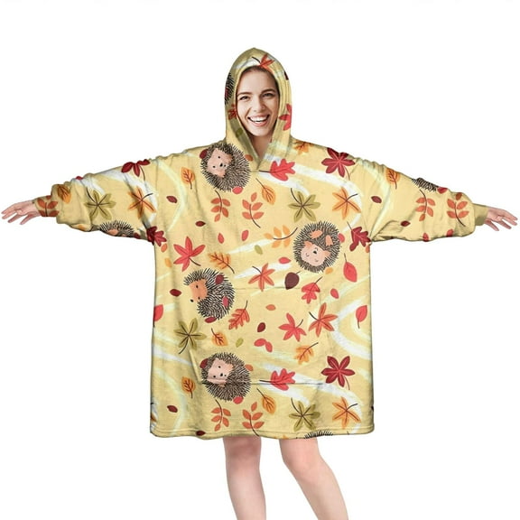Fall Hedgehog and Leaves Wearable Oversized Blanket,Wearable Blanket Hoodie for Adults,Cozy Hooded Blankets with Super Pockets,Super Warm Fuzzy Pullover for Women & Men