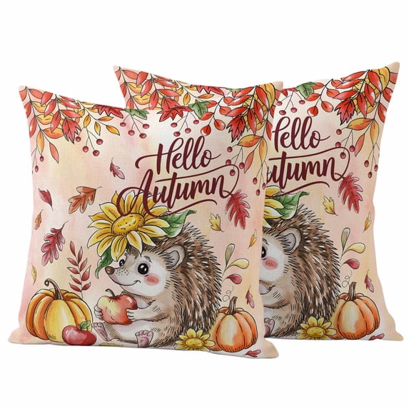 Fall Hedgehog Outdoor Waterproof Pillow Covers, Thanksgiving Pumpkin Sunflower Leaves Pink Decorative Square Throw Pillowcase Sofa Cushion Sham for Patio/Couch/Chair, 16"x16" 2 Pack