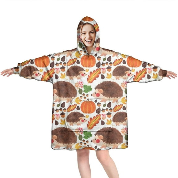 Fall Hedgehog Pumpkin Wearable Oversized Blanket,Wearable Blanket Hoodie for Adults,Cozy Hooded Blankets with Super Pockets,Super Warm Fuzzy Pullover for Women & Men