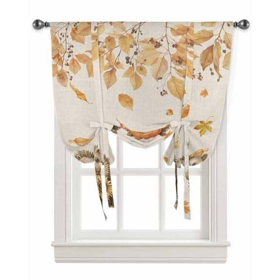 Fall Hedgehog Tie Up Curtains for Kitchen Bathroom Bedroom Windows 45 Inch Length, Pumpkins Maple Leaf Rustic Balloon Drape Curtains Shade Rod Pocket Drapery Curtain Panel, 34"x45"