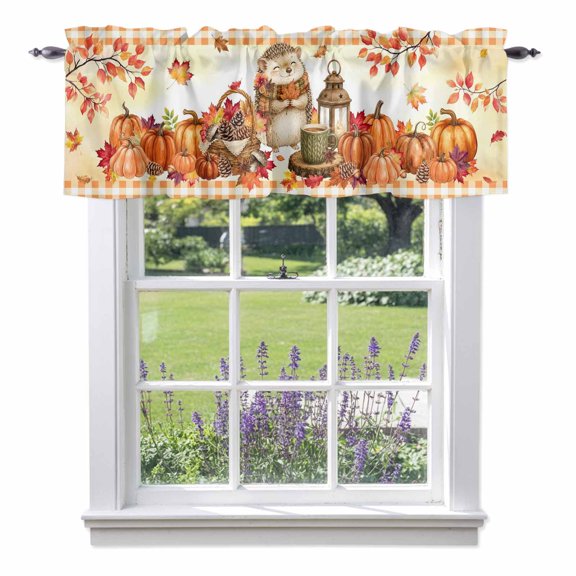 Fall Hedgehog Valances for Windows, Thanksgiving Harvest Pumpkin Maple Leaf Pine Cones Plaid Rod Pocket Short Window Valance Curtains Holiday Window Treatment for Kitchen Bathroom 42" x 18"