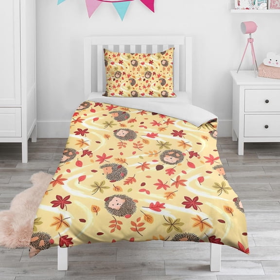 Fall Hedgehog and Leaves Duvet Cover and Pillowcase Set for Single Bedding, Bedroom Accessories for Kids Teens