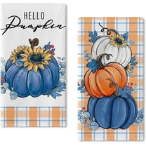 Fall Hello Pumpkin Kitchen Dish Towels Set of 2, Autumn Orange Plaid Check Hand Towels Sunflower Drying Baking Cooking Cloth, Thanksgiving Farmhouse Rustic Home Kitchen Decor 18 x 26 Inch