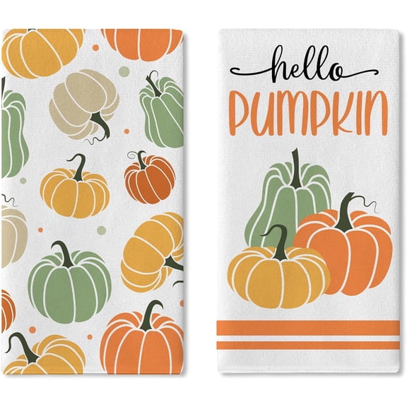 Fall Hello Pumpkin Kitchen Dish Towels Set of 2, Autumn Thanksgiving Colorful Drying Hand Towel Baking Cooking Cloth, Polka Dots Seasonal Bathroom Home Decoration 18 x 26 Inches