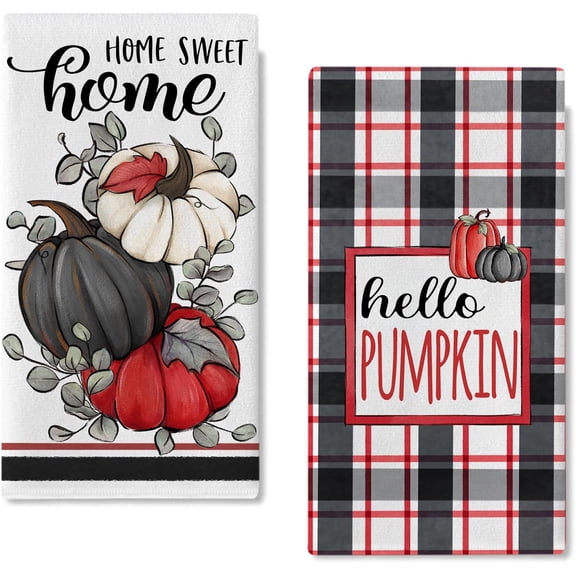 Fall Hello Pumpkin Kitchen Dish Towels Set of 2, Black Red Autumn Plaid Check Hand Towels Drying Baking Cooking Cloth, Thanksgiving Farmhouse Home Sweet Home Kitchen Decor 18 x 26 Inch