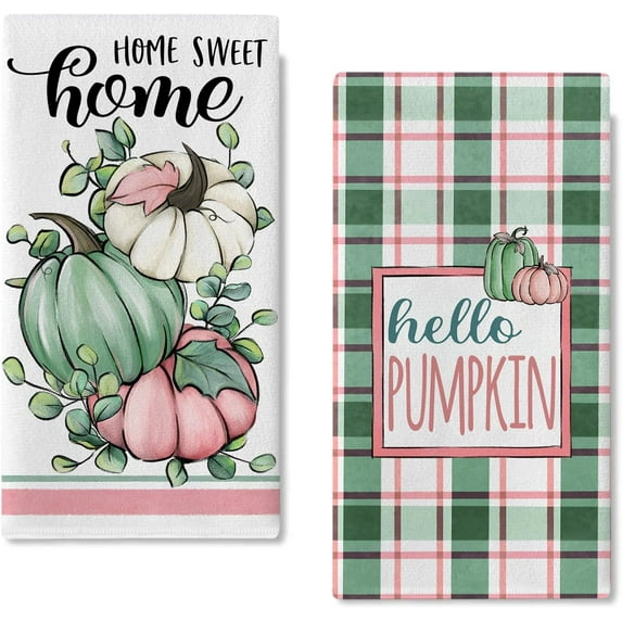 Fall Hello Pumpkin Kitchen Dish Towels Set of 2, Green Pink Autumn Plaid Check Hand Towels Drying Baking Cooking Cloth, Thanksgiving Farmhouse Home Sweet Home Kitchen Decor 18 x 26 Inch