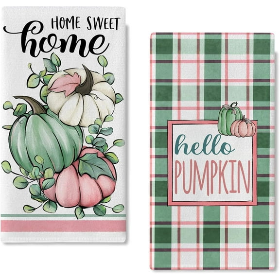 Fall Hello Pumpkin Kitchen Dish Towels Set of 2, Green Pink Autumn Plaid Check Hand Towels Drying Baking Cooking Cloth, Thanksgiving Farmhouse Home Sweet Home Kitchen Decor 18 x 26 Inch