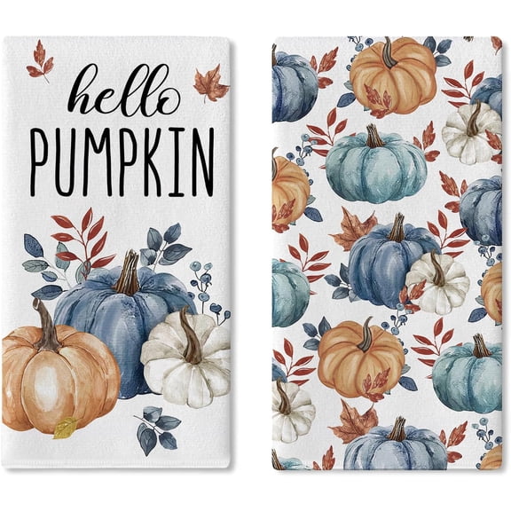 Fall Hello Pumpkin Kitchen Dish Towels Set of 2, Watercolor Blue Teal White Autumn Thanksgiving Drying Hand Towel Baking Cooking Cloth, Maple Leaves Farmhouse Bathroom Home Decoration 18''x26''