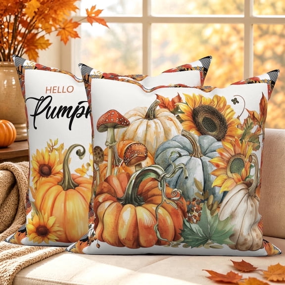 Fall Hello Pumpkin Pillow Covers 18x18 Set of 2 Farmhouse Sunflower Buffalo Plaid Throw Pillow Cases Double-Sided Autumn Decor