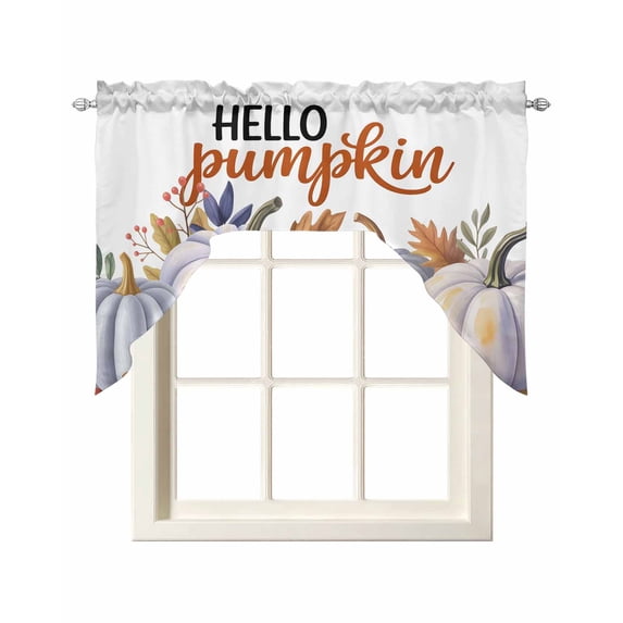 Fall Hello Pumpkin Swag Valances for Windows, Small Curtains Drapes, Purple Thanksgiving Maple Leaf Kitchen Window Curtains Over Sink Rod Pocket Window Treatment Valance for Bedroom/Bathroom 56"x36"