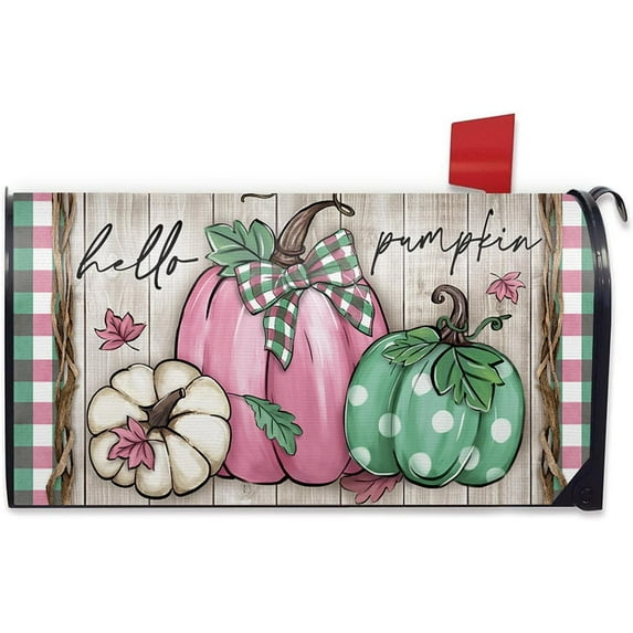 Fall Hello Pumpkin Welcome Mailbox Cover Magnetic Standard Size 21" x 19", Pink Autumn Thanksgiving Decorative Post Letter Box Wrap Decor, Plaid Farmhouse Rustic Garden Yard Outdoor Decoration