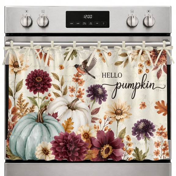 Fall Hello Pumpkins Oven Curtain with Tie Top, Thanksgiving Country Bird Flowers Berry Leaf Oven Skirt Curtains with Tie Top Cabinet Cover Curtain for Small Kitchen Apartment Decor 27 x 20 Inches