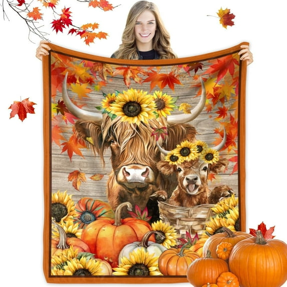 Fall Highland Cow Blanket Fall Blanket Autumn Pumpkin Sunflower Cow Gifts Throw Blanket Thanksgiving Decor Autumn Harvest Flannel Blankets for Couch Sofa Bedroom Cow Lovers 60"x50"