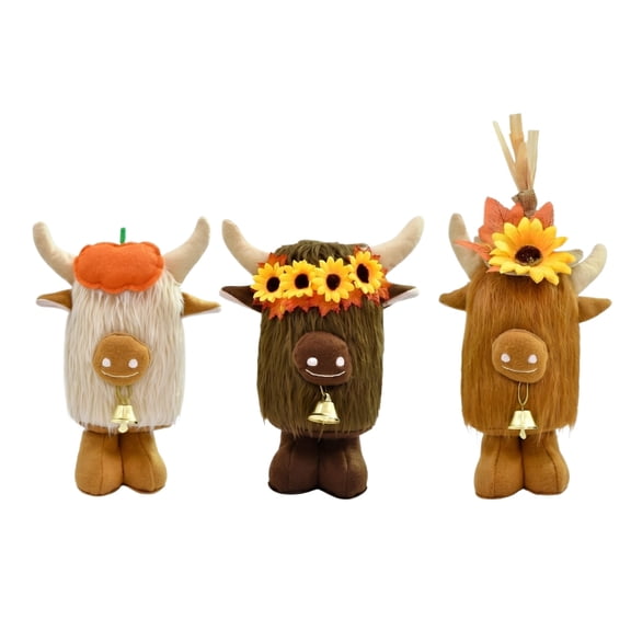 Fall Highland Cow Plush Doll Set with Pumpkin and Sunflower Accents, Cute Farm Animal Dolls for Thanksgiving Harvest Decor